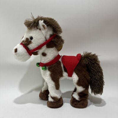 Running Pinto Pony Plush Toy with Hoofbeats Button on Foot Electric Running Horse with Christmas Outfit