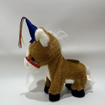 Running Brown Pony Plush Toy with Hoofbeats Button on Tail Electric Running Horse with Party Hat