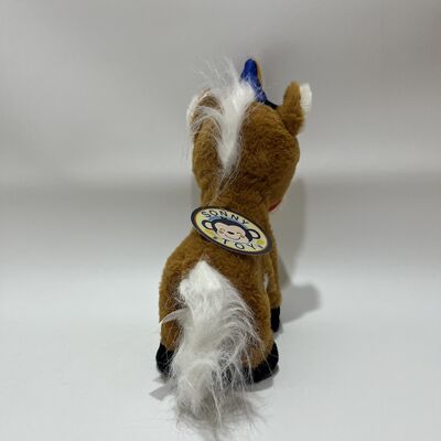 Running Brown Pony Plush Toy with Hoofbeats Button on Tail Electric Running Horse with Party Hat