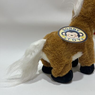 Running Brown Pony Plush Toy with Hoofbeats Button on Tail Electric Running Horse with Party Hat