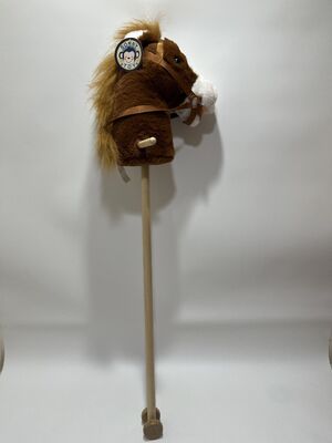 Brown Pony Stick Plush Toy Kids Riding Wooden Stick Horse Realistic Riding Interactive Toy with Reins