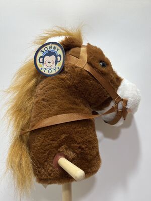 Brown Pony Stick Plush Toy Kids Riding Wooden Stick Horse Realistic Riding Interactive Toy with Reins